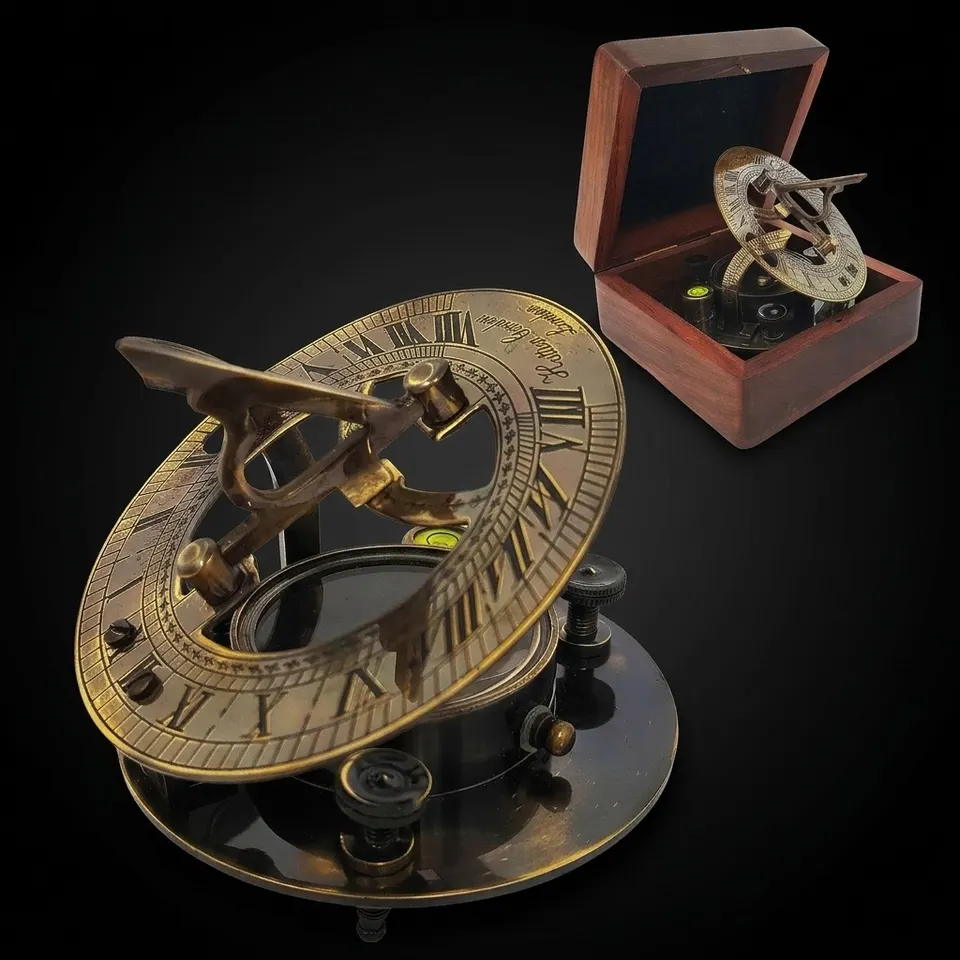 Antique Brass Sundial Compass with Wooden Box view 1