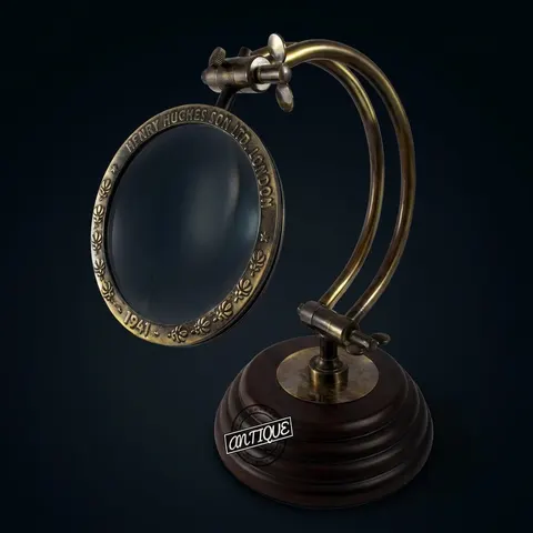 All-Brass Magnifier 4" on Adjustable Wooden Base — Henry Hughes and Sons Ltd London view 1