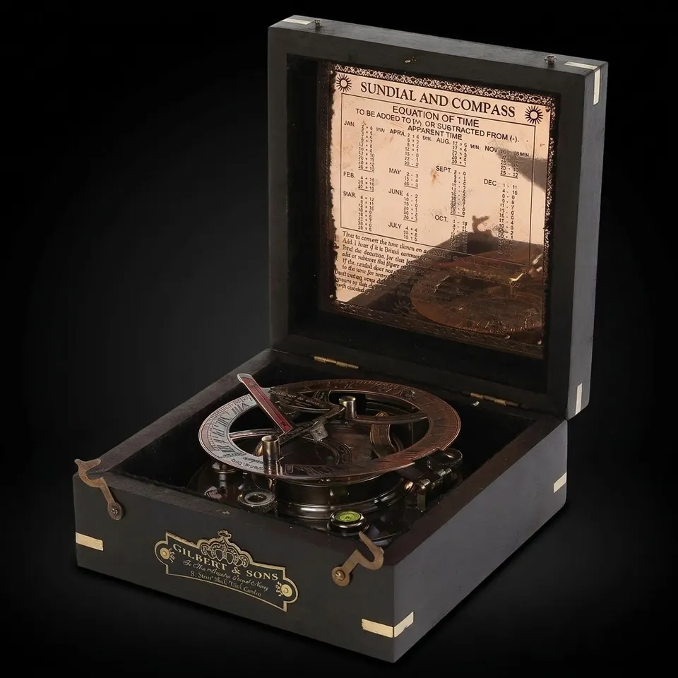 Black Antique Brass Sundial Compass with Black Wooden Presentation Box