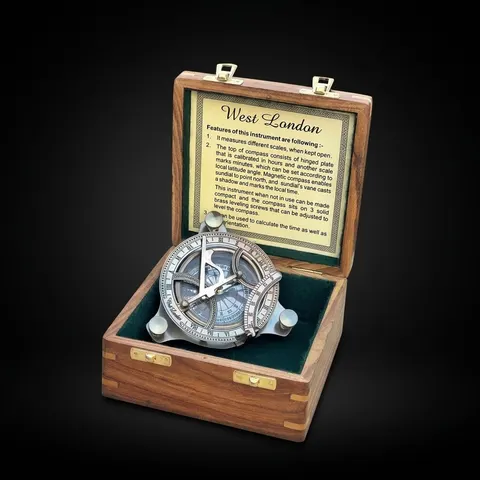 Antique Brass Sundial Compass with Rosewood Presentation Box view 1