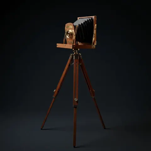 Classic Wooden Camera on Decorative Tripod view 1
