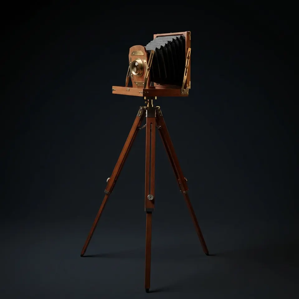 Classic Wooden Camera on Decorative Tripod