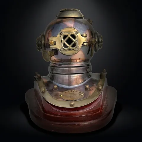 Antique Brass Diving Helmet Miniature with Wooden Base view 1