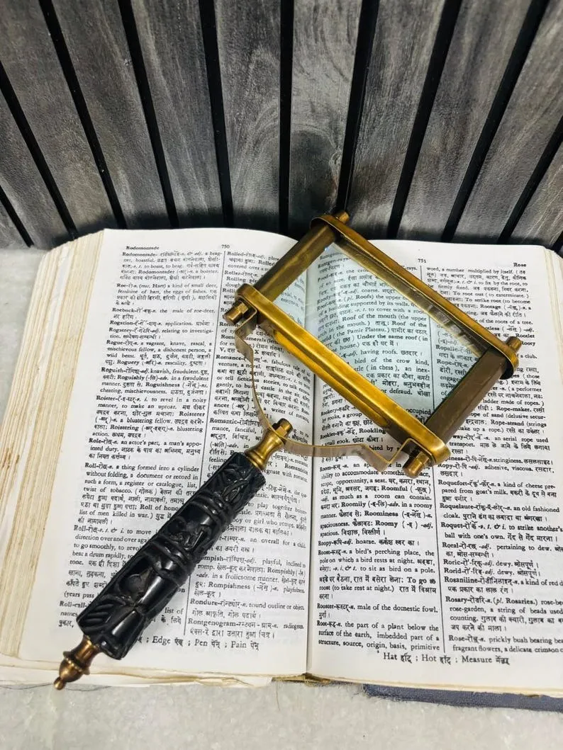 All-Brass Handheld Magnifier 5" with Rectangular Lens and Wooden Handle