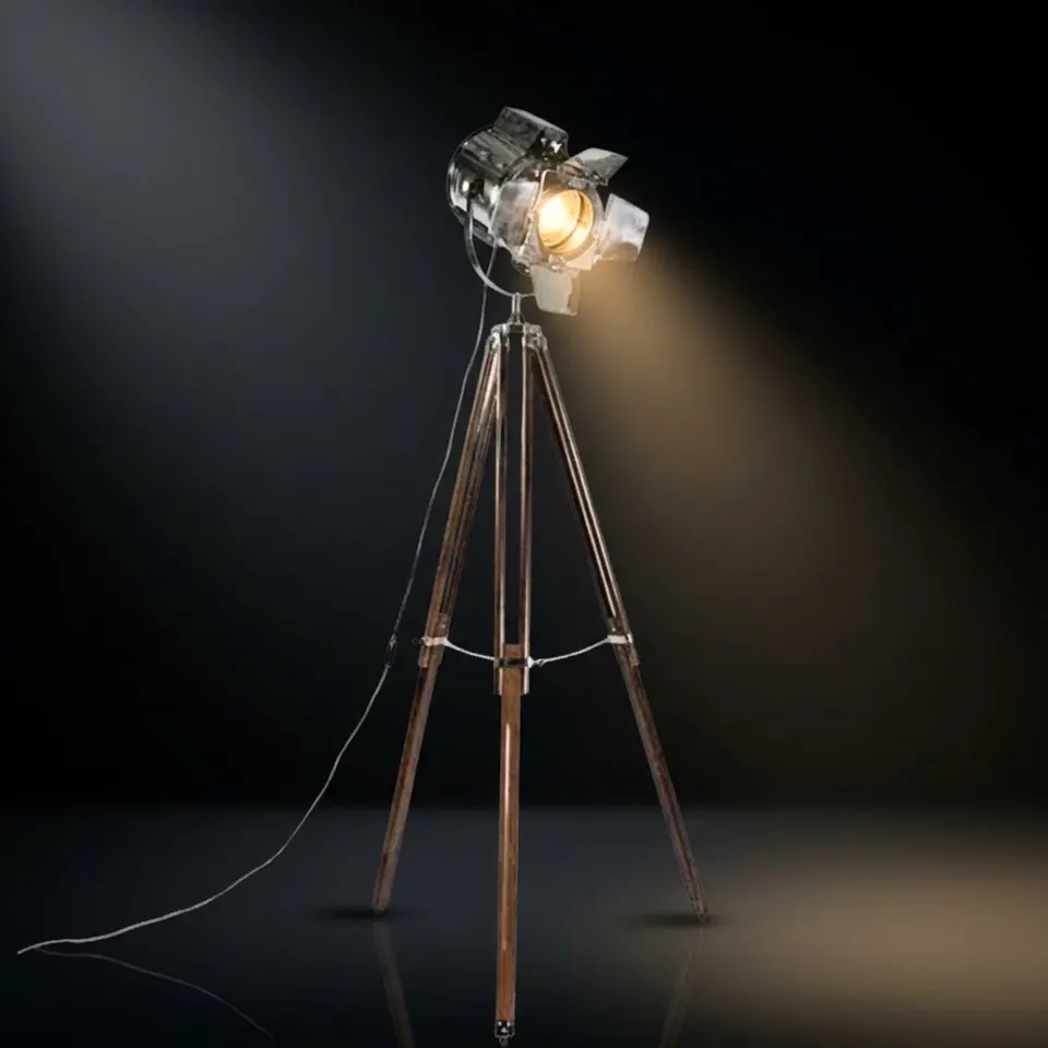 Chrome Spotlight on Wooden Tripod