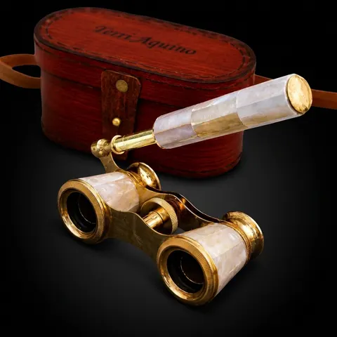 Brass Opera Glasses with Red Leather Case — Pearl Inlay Variant view 1