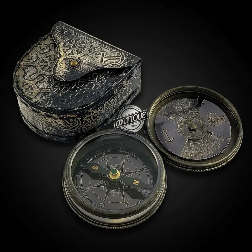 Black Antique Finish Compass, Leather Case