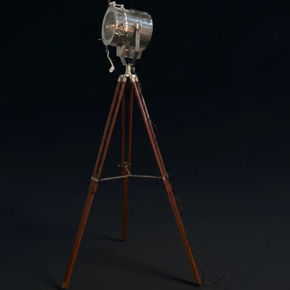 Chrome Spotlight on Wooden Tripod