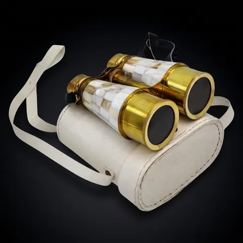 Mother-of-Pearl Brass Binocular with White Leather Case view 1
