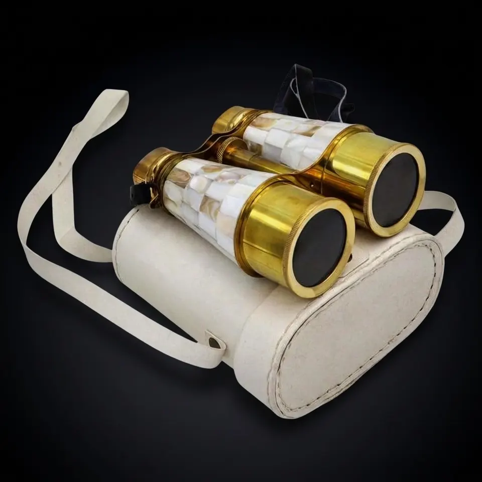 Mother-of-Pearl Brass Binocular with White Leather Case view 1