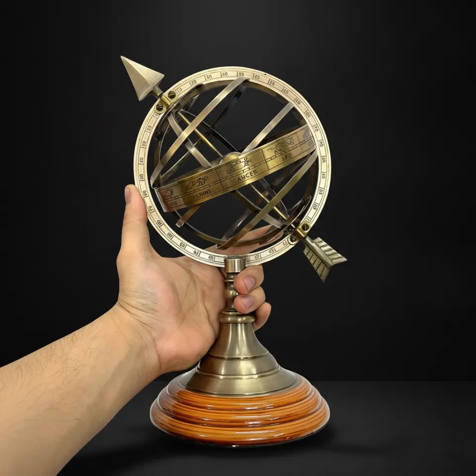 Handcrafted Brass Armillary Sphere Globe with Arrow on Rosewood Base view 1
