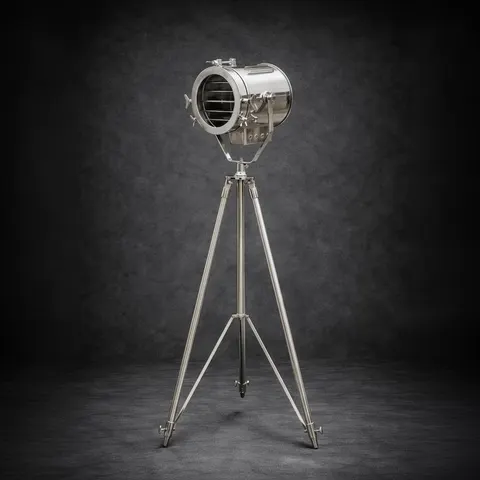 Chrome Spotlight on Wooden Tripod view 1