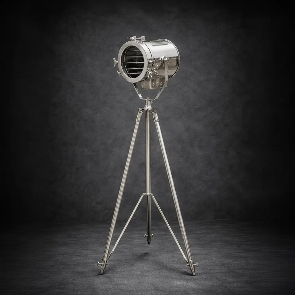 Chrome Spotlight on Wooden Tripod