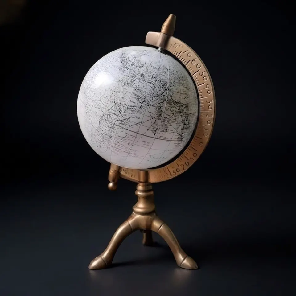 All-White Globe with Antique Brass Three-Legged Stand and Meridian Ring