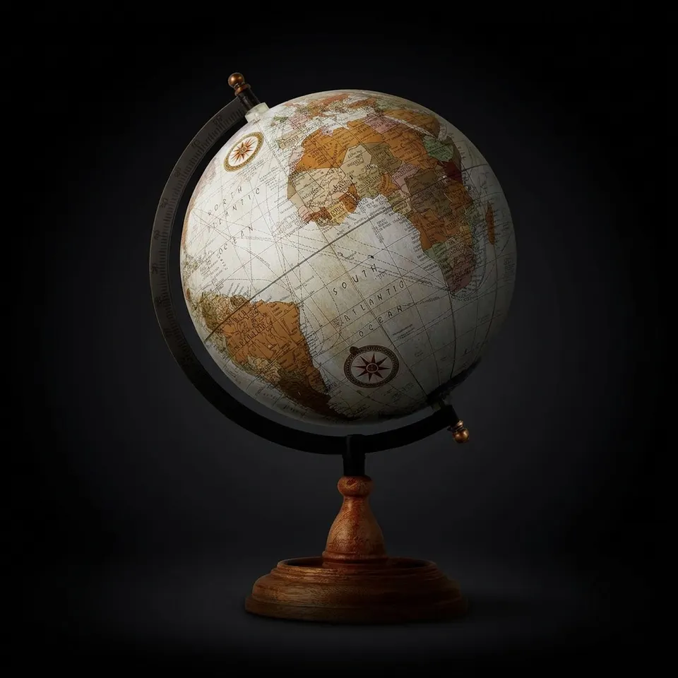 Solid Brass Desk Globe with Black Meridian Ring and Rosewood Base view 1
