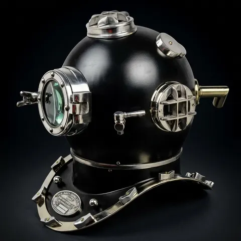Full-Size Black Diving Helmet with Nickel Plated Highlights view 1