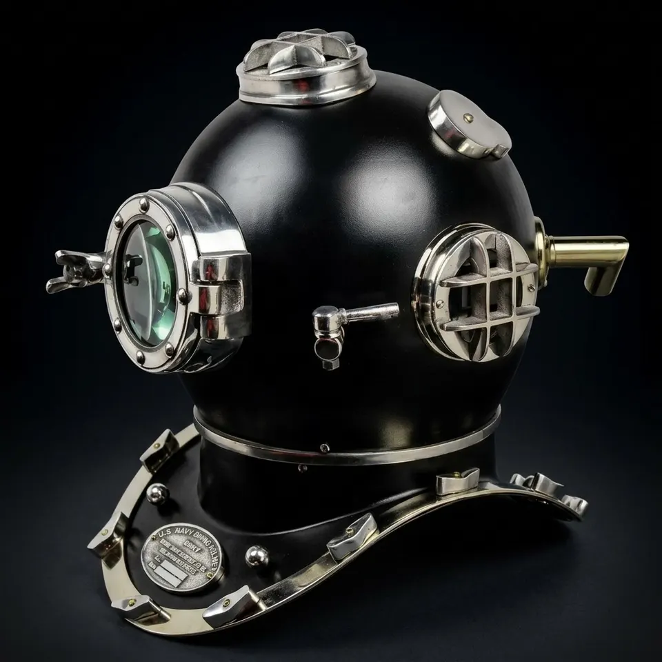 Full-Size Black Diving Helmet with Nickel Plated Highlights
