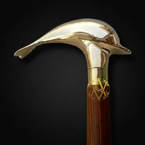 Polished Brass Dolphin Handle Rosewood Walking Stick view 1
