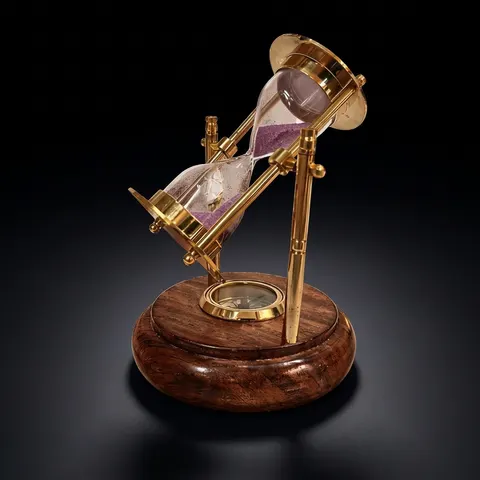 Rotating Brass Hourglass with Wooden Base and Compass, 2-Minute, Pink Sand view 1