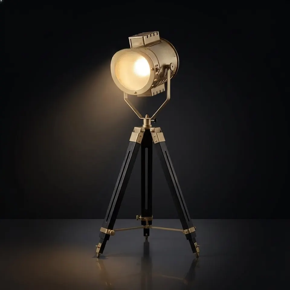 Chrome Spotlight on Black Wooden Tripod