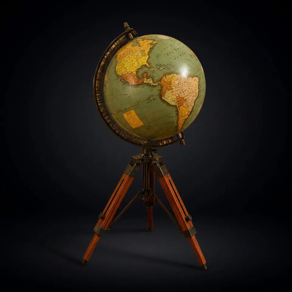 Vintage Globe with Green Map on Polished Wooden Tripod Stand view 1