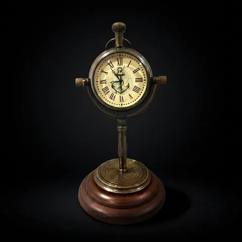 Brass Desk Clock with Anchor Dial and Wooden Base view 1