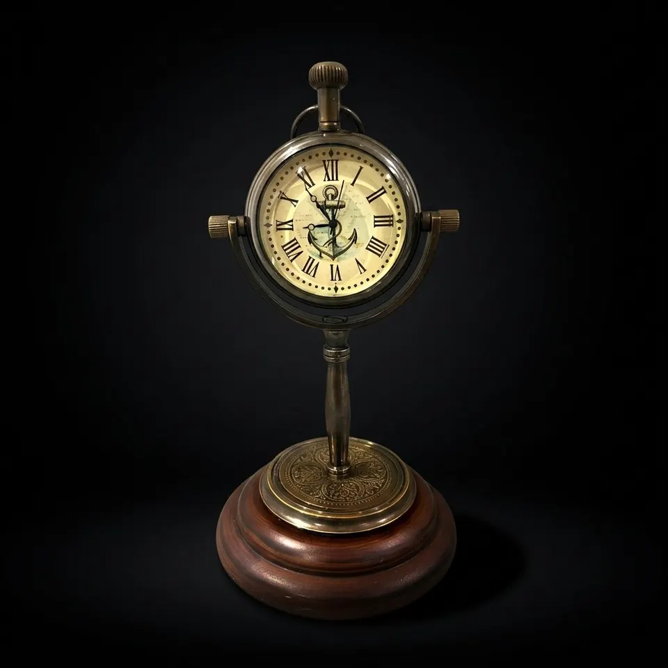 Brass Desk Clock with Anchor Dial and Wooden Base