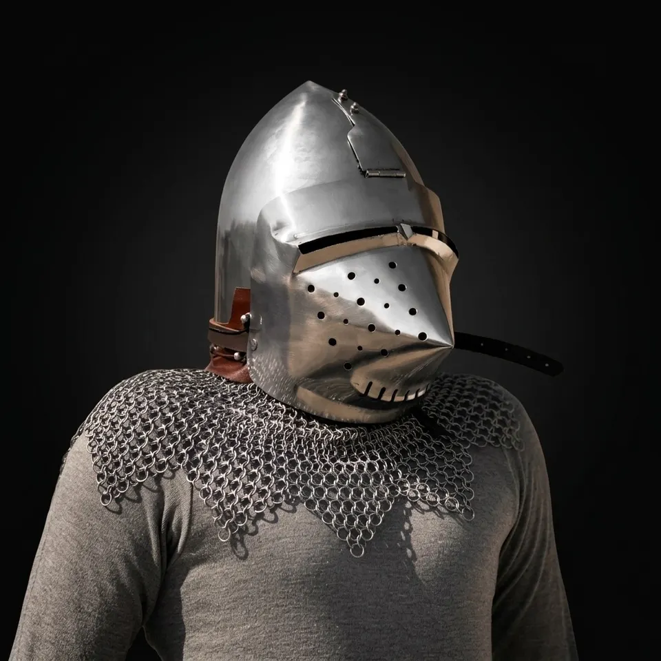 Pig Face Bascinet Helmet with Visor and Chainmail