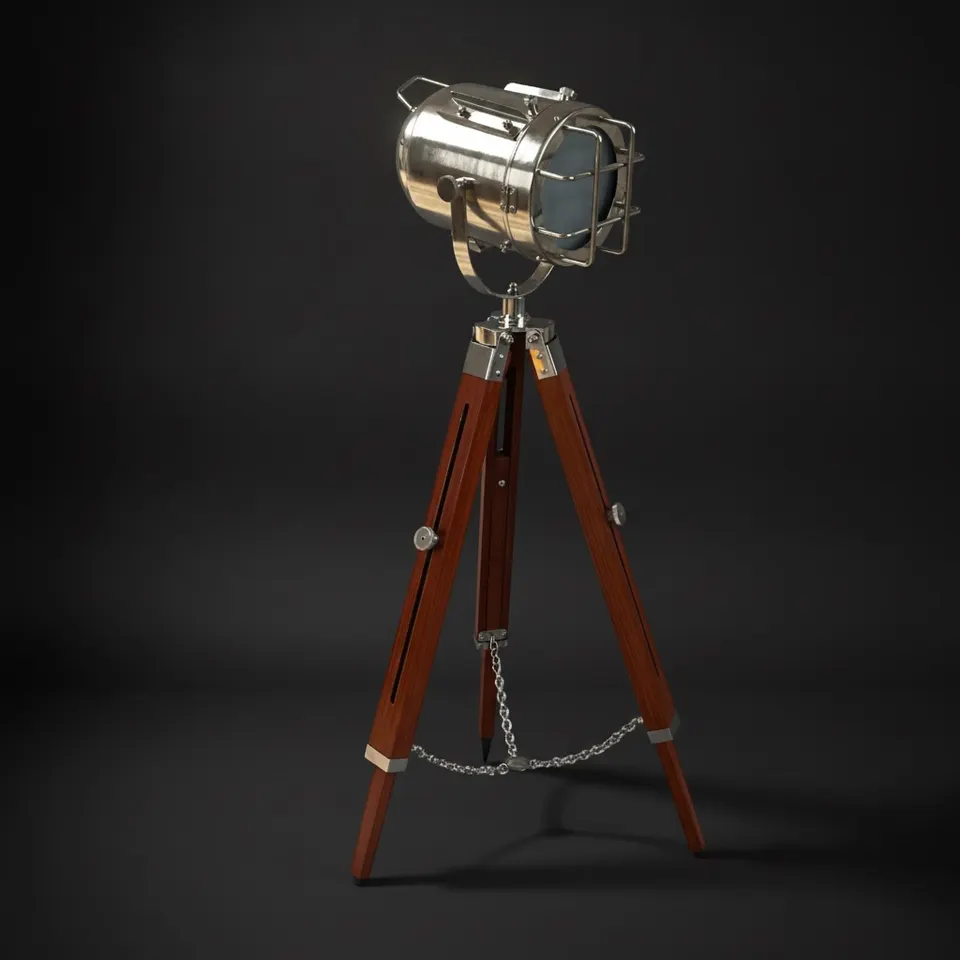 Chrome Spotlight on Wooden Tripod