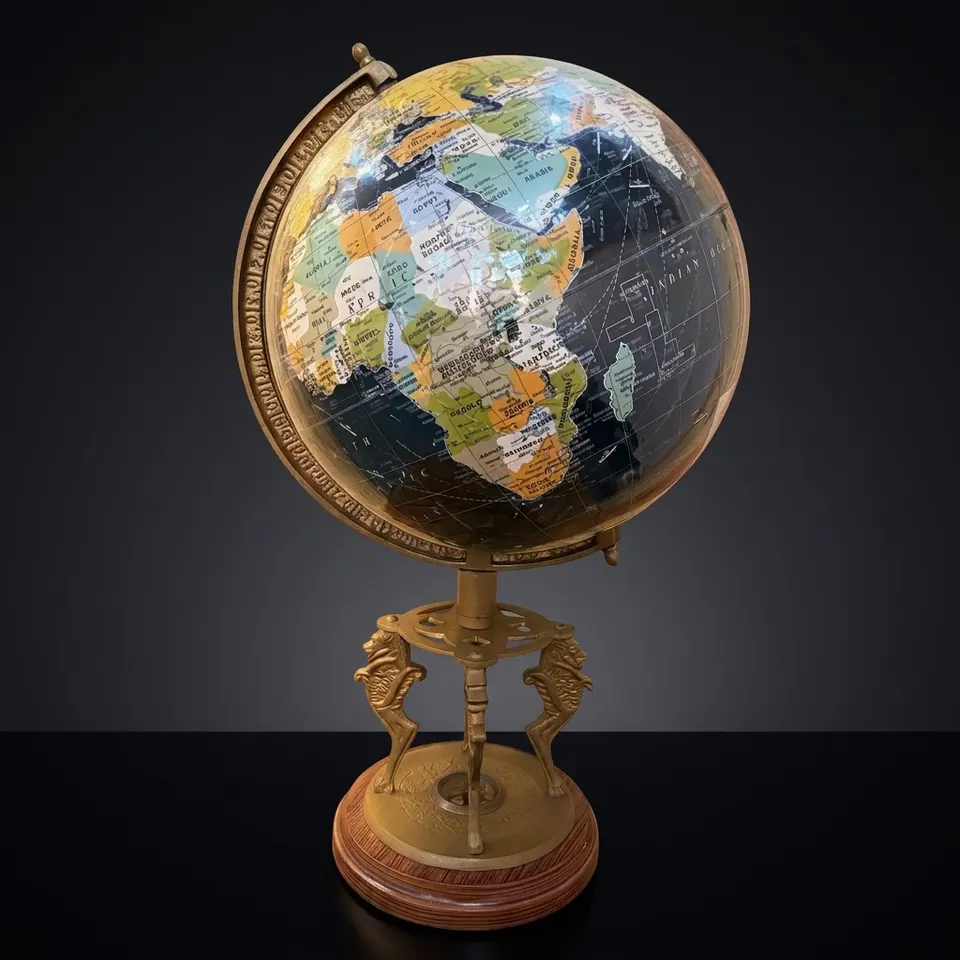 Antique Brass Desk Globe with Four-Horse Stand and Working Compass Base
