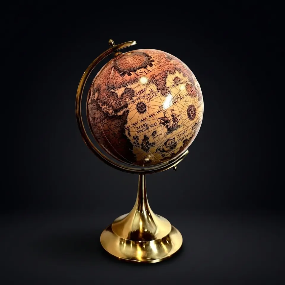 Vintage Polished Brass Globe with Historical World Map view 1