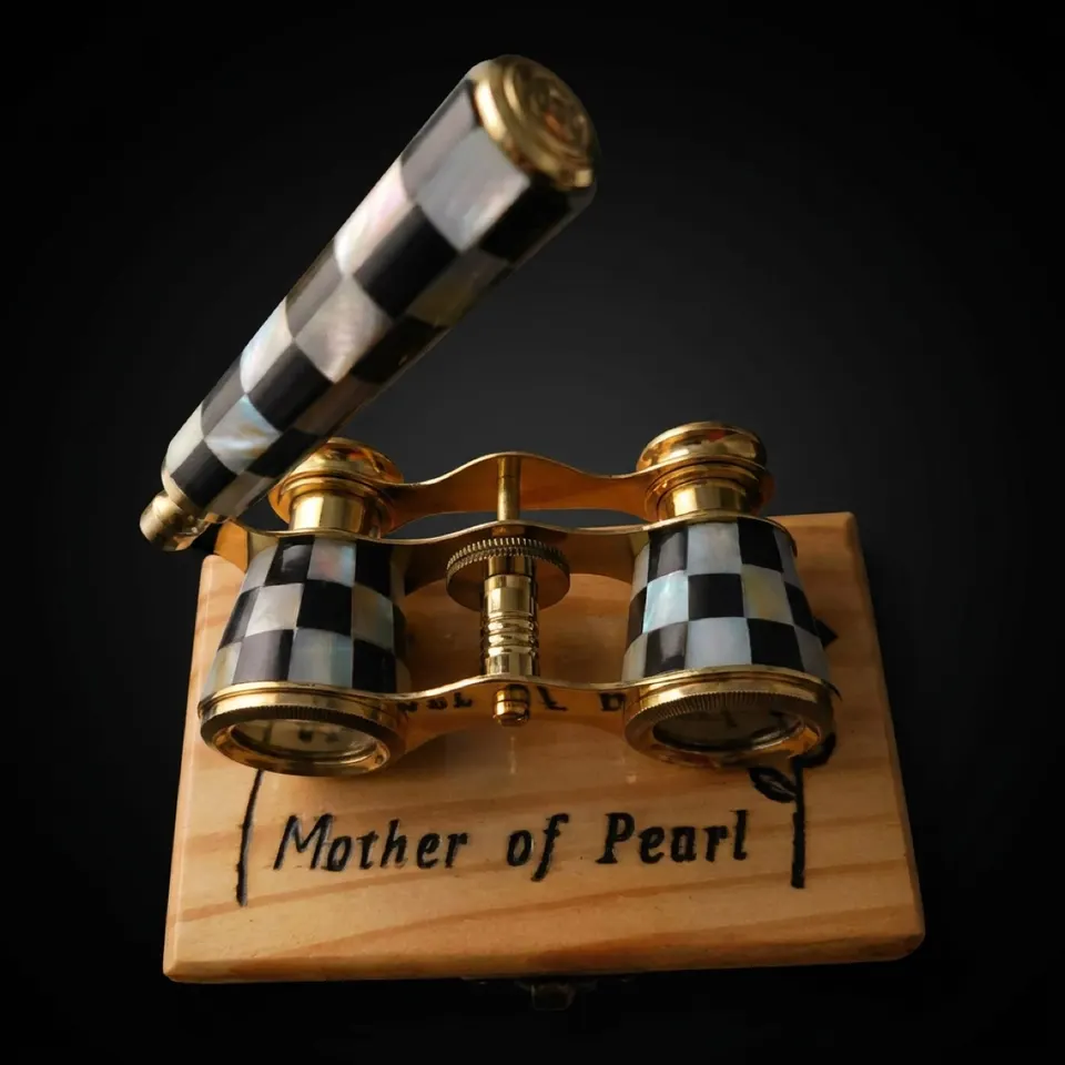 Brass Opera Glasses with Wooden Box — Black and White Mother of Pearl