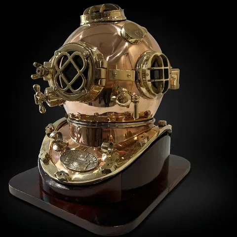 Copper Brass Diving Helmet with Polished Brass Finish and Dark Brown Base view 1
