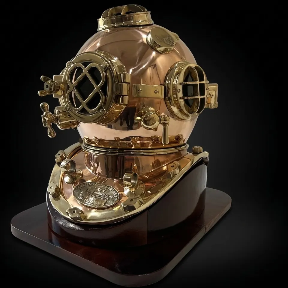 Copper Brass Diving Helmet with Polished Brass Finish and Dark Brown Base