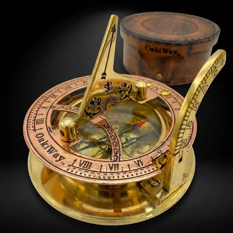 Antique Brass Sundial Compass with Leather Case view 1