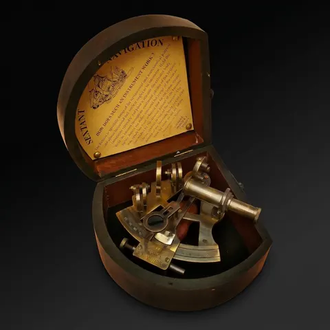 Antique Brass Sextant with Triangular Wooden Box view 1