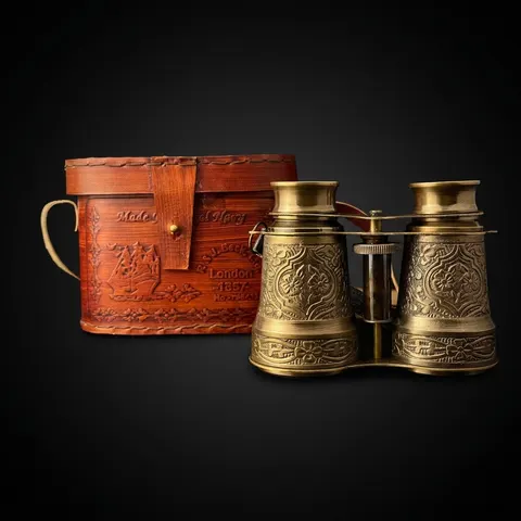 Antique Brass Binocular with Intricate Detail and Red Leather Case view 1