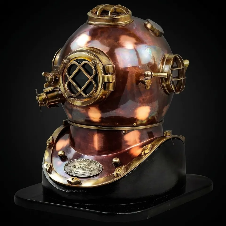 Reddish Copper Diving Helmet with Antique Finish and Black Wooden Base