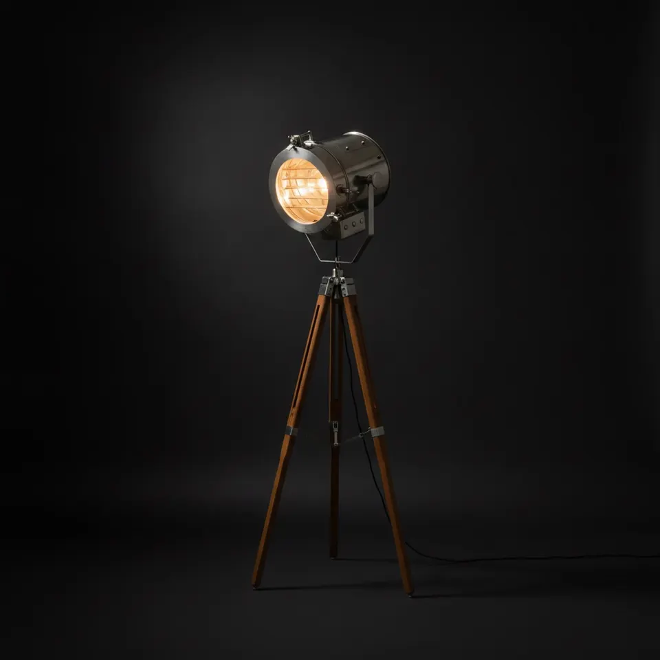 Chrome Spotlight on Wooden Tripod