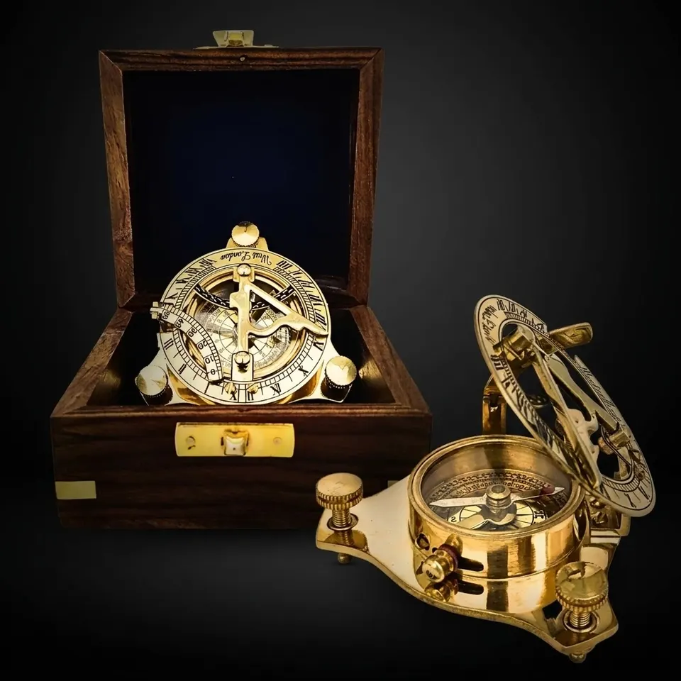 Polished Brass Sundial Compass with Fitted Wooden Presentation Box view 1