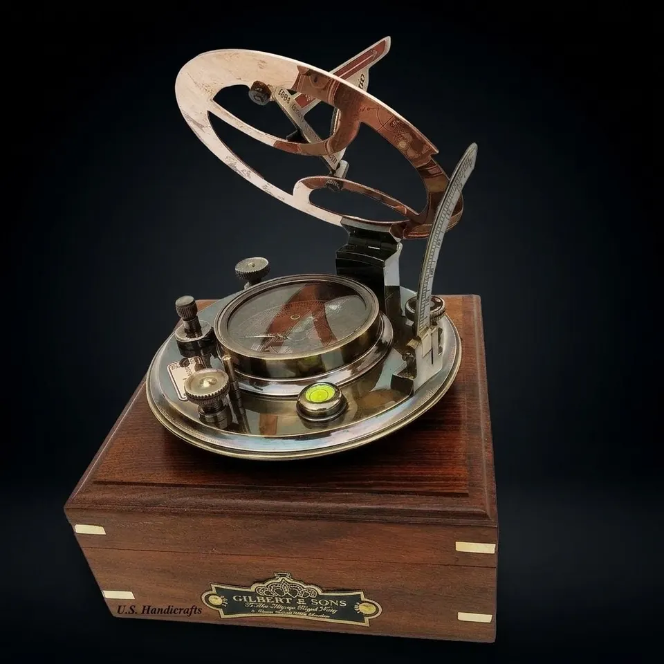 Black Antique Brass Sundial Compass with Black Wooden Presentation Box