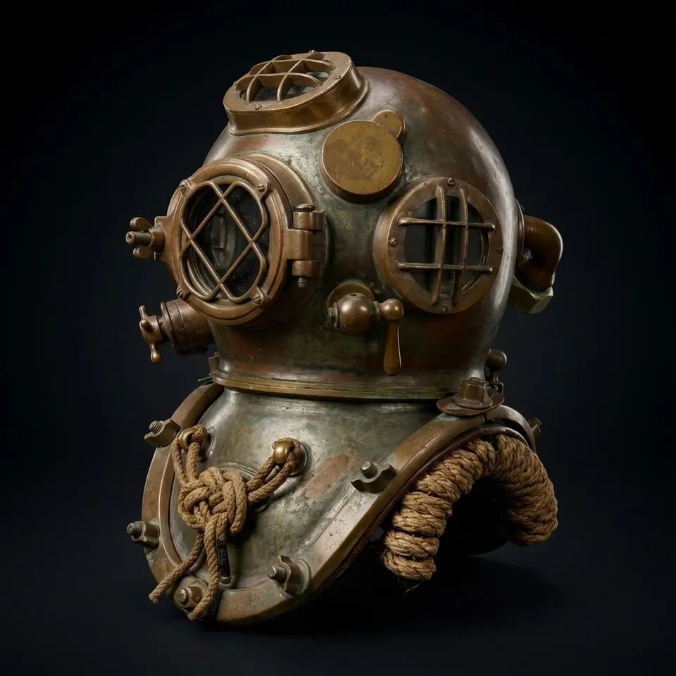 Mark V Diving Helmet with Greenish Patina Antique Finish and Metal Stand