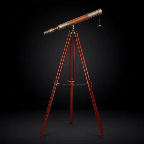 Brass & Leather Floor Standing Telescope 47" with Wooden Tripod view 1