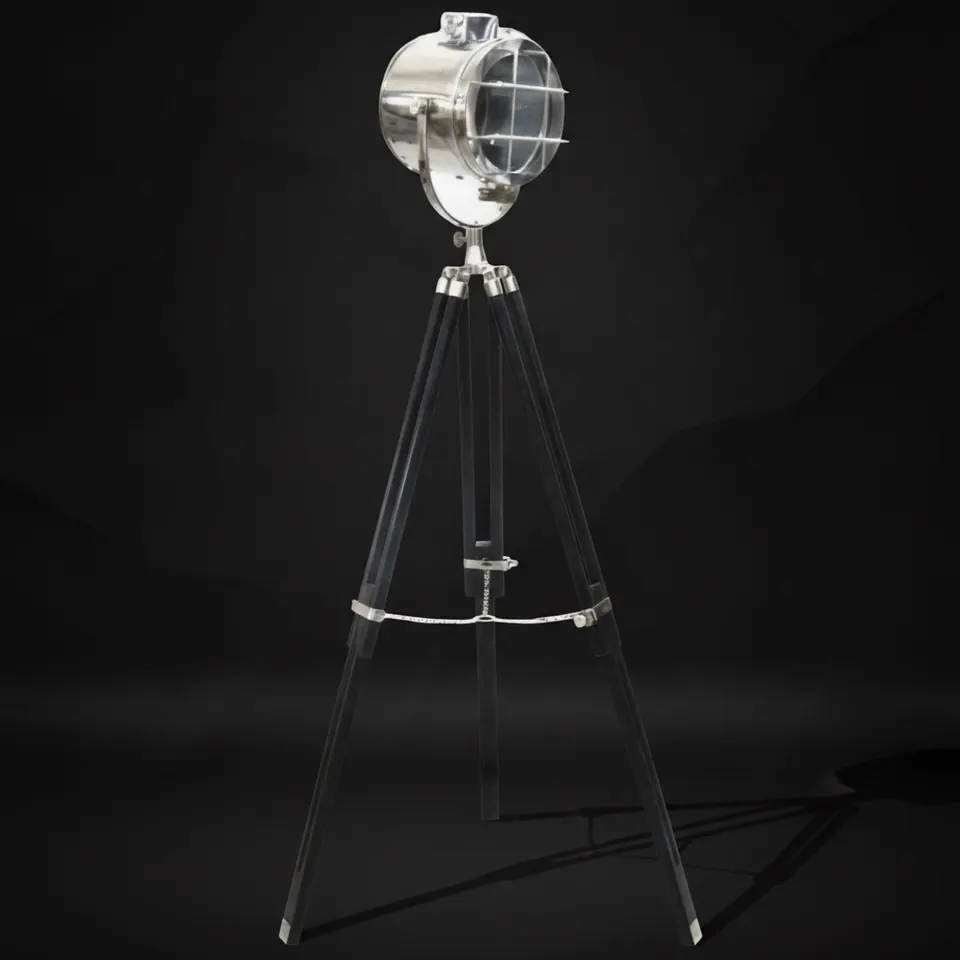 Chrome Spotlight on Black Wooden Tripod