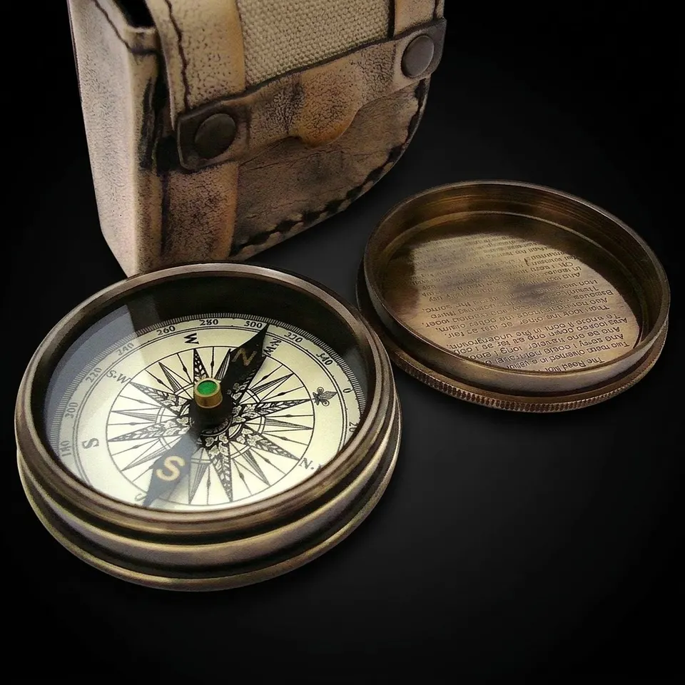 Robert Frost Quote Compass, Leather Case
