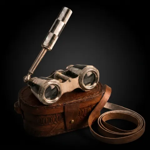 Brass Opera Glasses with Engraved Red Leather Case — Mother of Pearl view 1