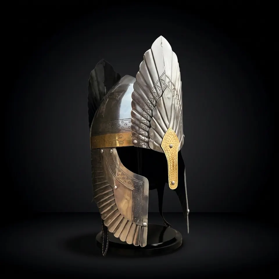 Engraved Medieval Steel Helmet — Brass Finish Wings