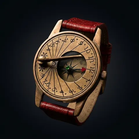 Brass Wrist Sundial Compass with Red Strap view 1