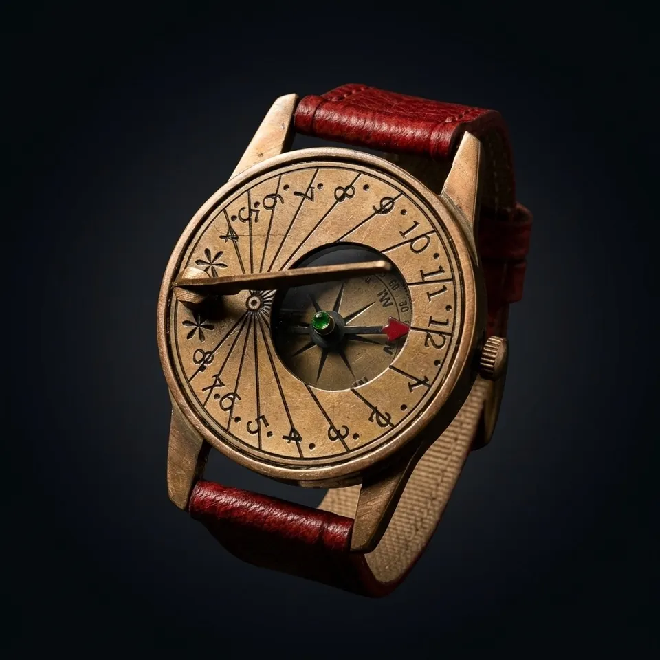 Brass Wrist Sundial Compass with Red Strap view 1