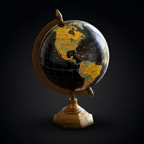 Vintage Desk Globe with Black Ocean and Golden Land Map on Octagonal Brass Stand view 1